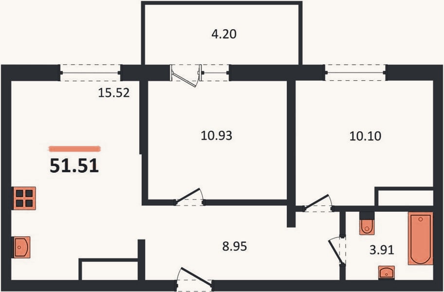 Планировка: 2-к, 51,5 м²