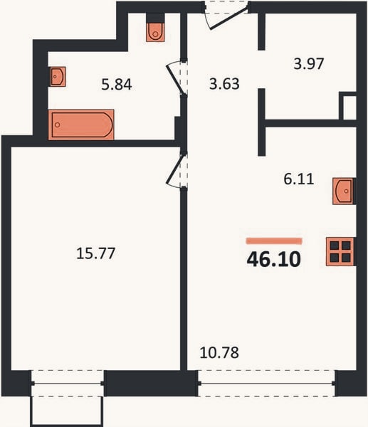 Планировка: 1-к, 46,1 м²