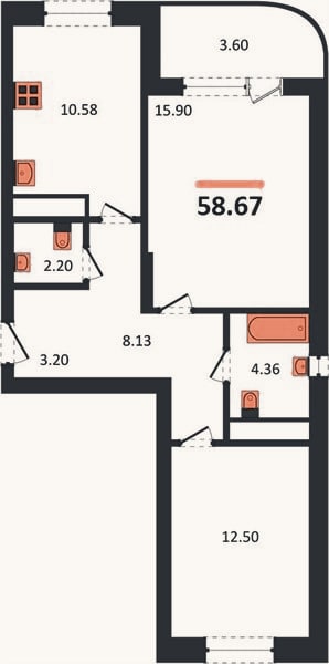 Планировка: 2-к, 58,7 м²