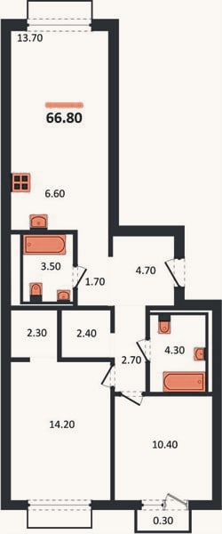 Планировка: 2-к, 66,8 м²