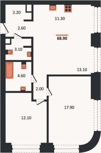 Планировка: 2-к, 68,9 м²