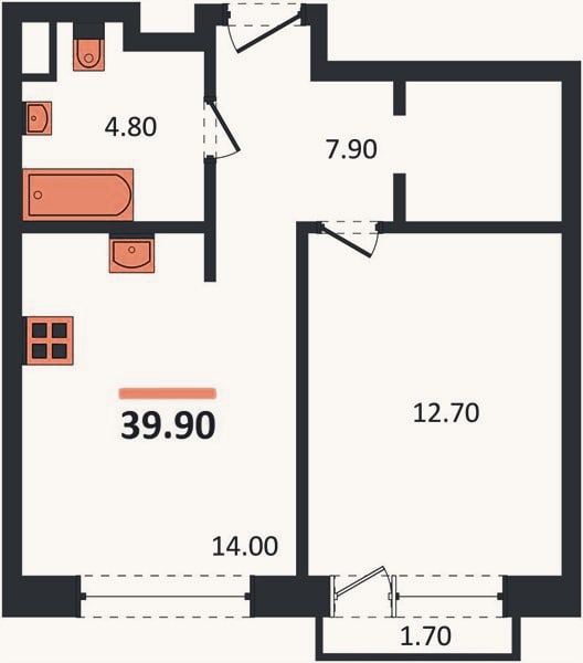 Планировка: 1-к, 39,9 м²