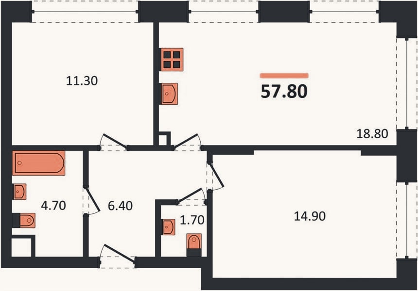 Планировка: 2-к, 57,8 м²