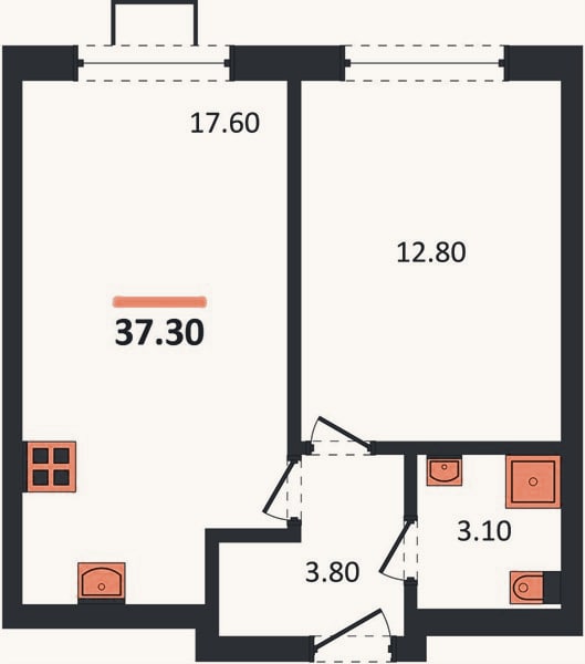 Планировка: 1-к, 37,3 м²