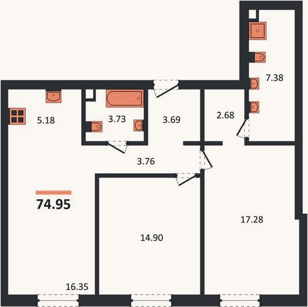 Планировка: 2-к, 75 м²