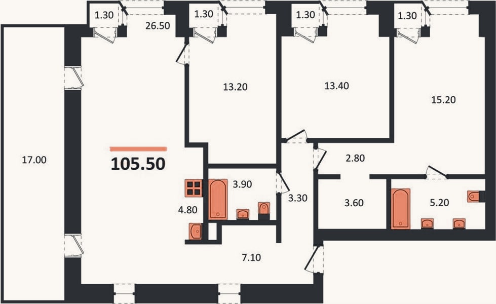 Планировка: 3-к, 105,5 м²