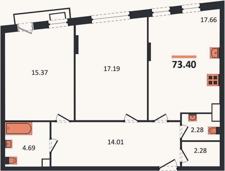 Планировка: 2-к, 73,4 м²