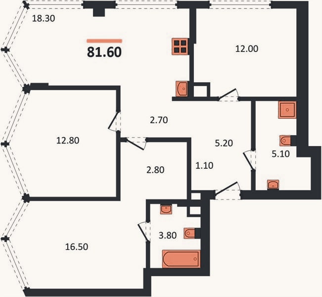 Планировка: 3-к, 81,6 м²