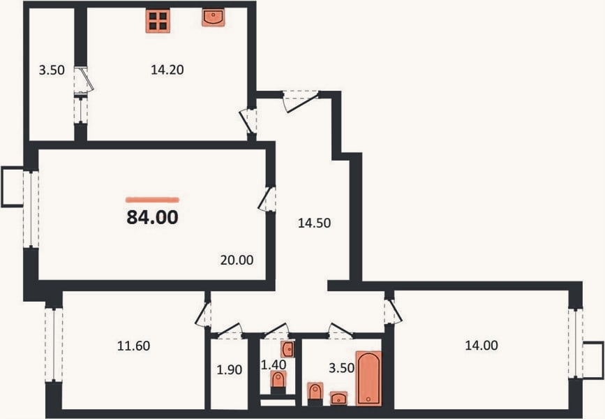 Планировка: 3-к, 84 м²