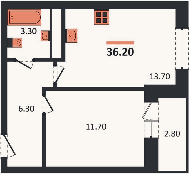 Планировка: 1-к, 36,2 м²