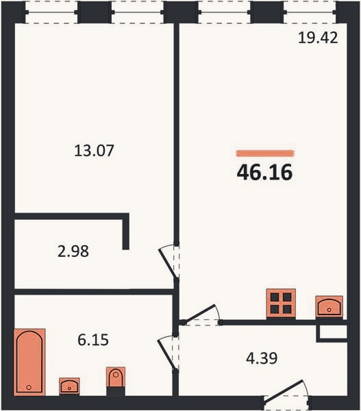 Планировка: 1-к, 46,2 м²