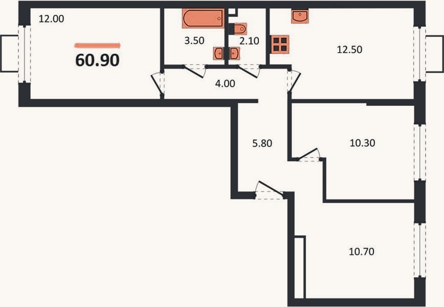 Планировка: 3-к, 60,9 м²
