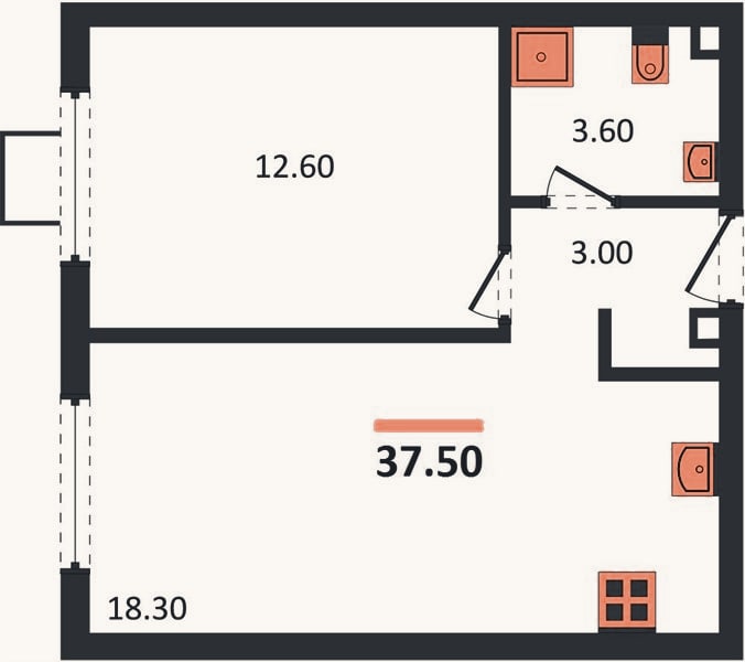 Планировка: 1-к, 37,5 м²