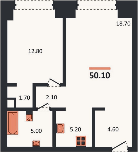 Планировка: 1-к, 50,1 м²