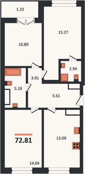 Планировка: 3-к, 72,8 м²