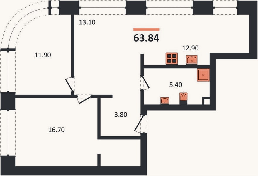 Планировка: 2-к, 63,8 м²