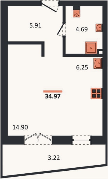 Планировка: Студия, 35 м²