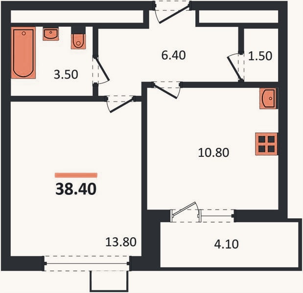 Планировка: 1-к, 38,4 м²