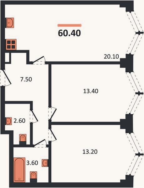 Планировка: 2-к, 60,4 м²