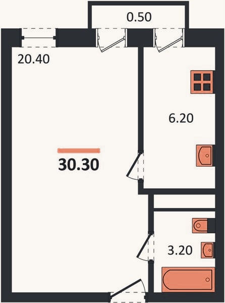 Планировка: 1-к, 30,3 м²