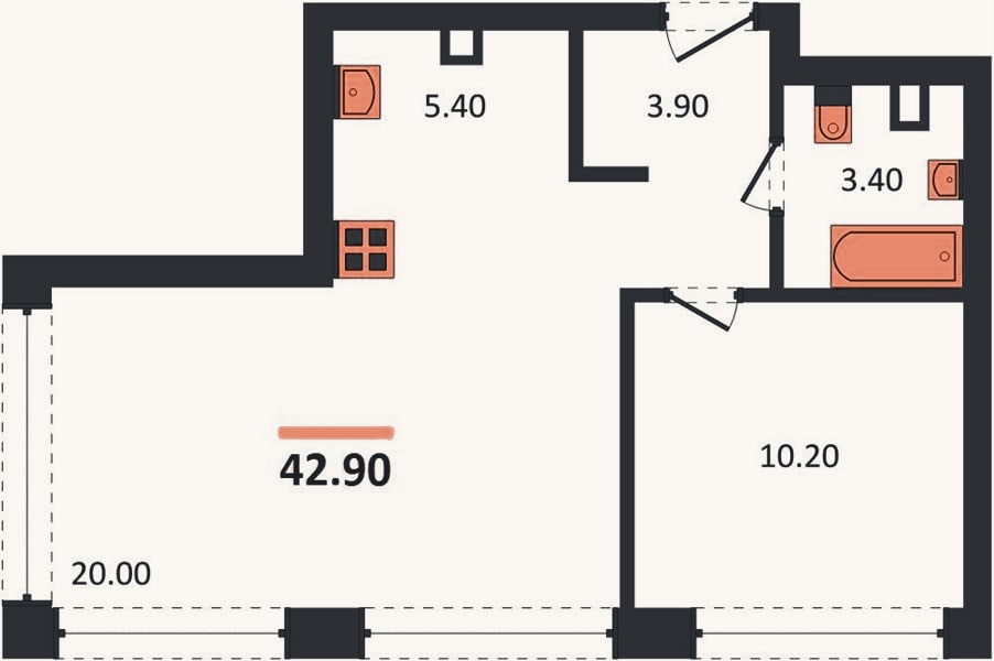 Планировка: 1-к, 42,9 м²