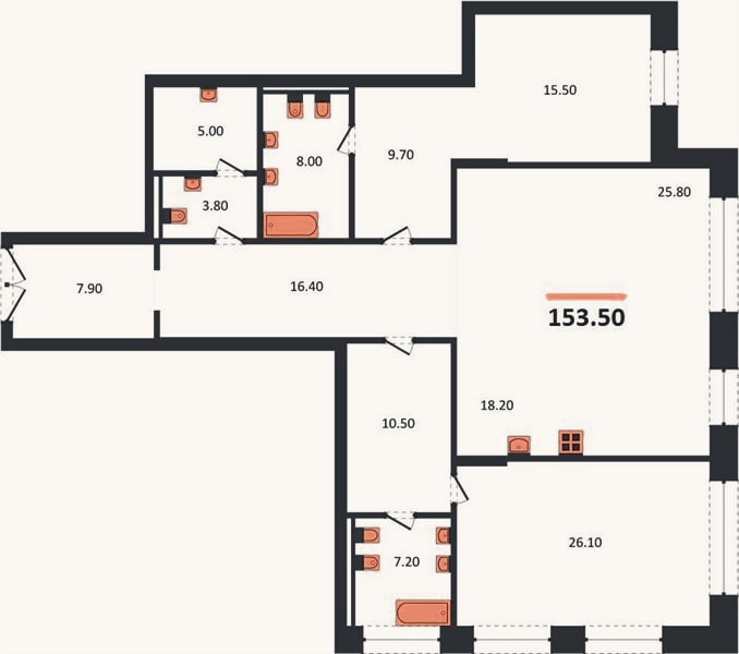 Планировка: 2-к, 153,9 м²