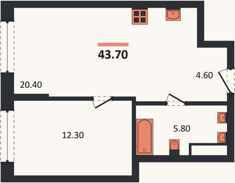 Планировка: 1-к, 43,7 м²