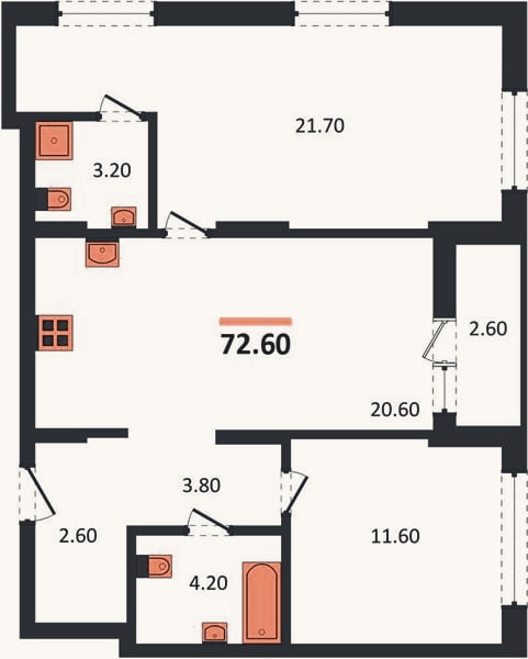 Планировка: 2-к, 72,6 м²