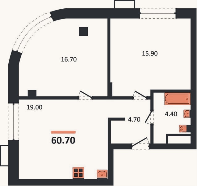 Планировка: 2-к, 60,7 м²