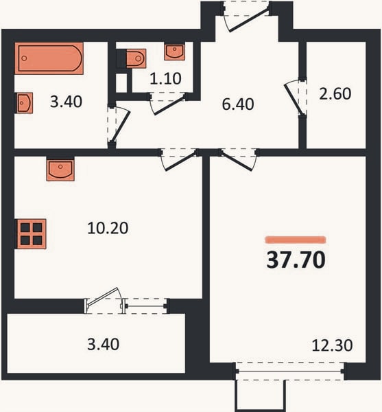 Планировка: 1-к, 37,7 м²