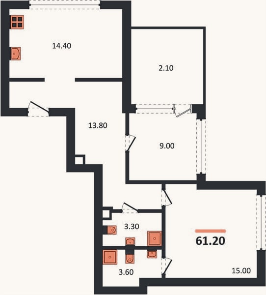 Планировка: 2-к, 61,2 м²