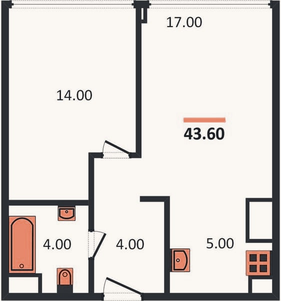 Планировка: 1-к, 43,6 м²
