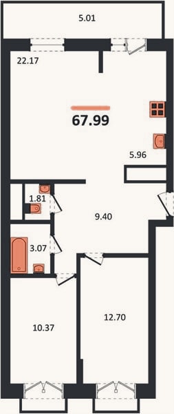 Планировка: 2-к, 68 м²