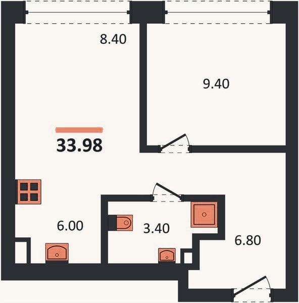 Планировка: 1-к, 34 м²