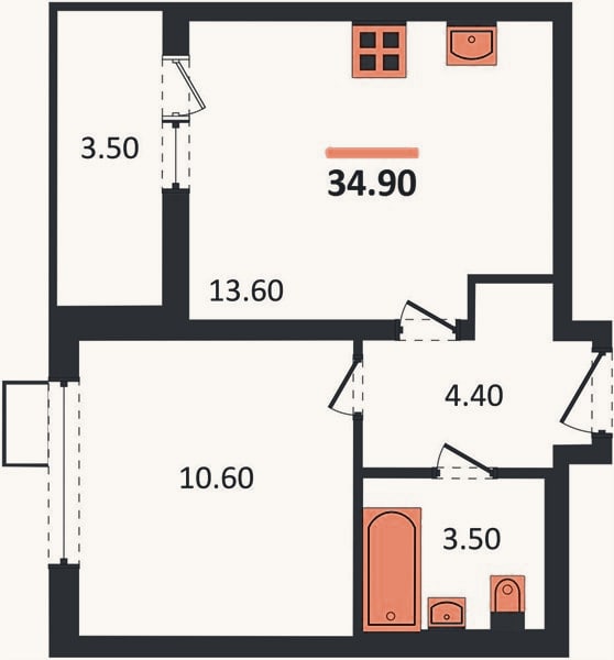 Планировка: 1-к, 34,9 м²