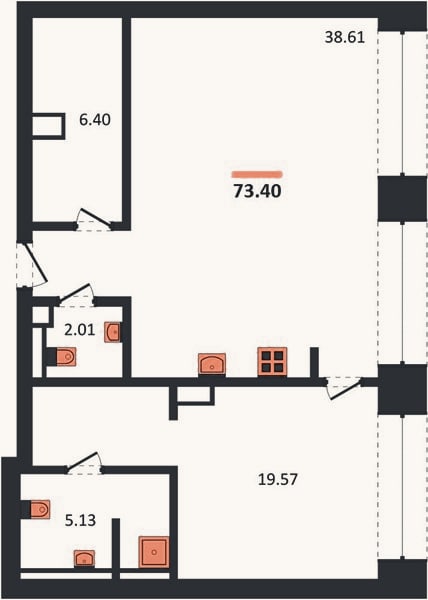 Планировка: 1-к, 73,4 м²