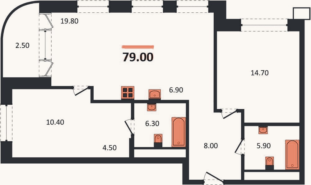 Планировка: 2-к, 79 м²