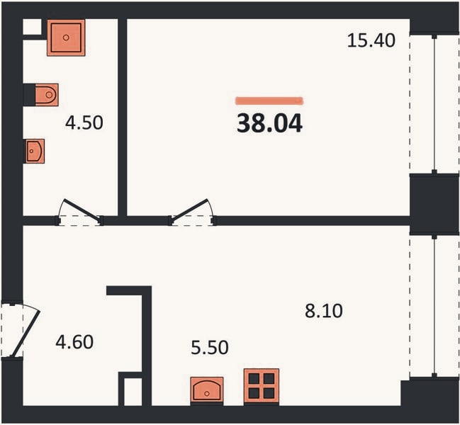 Планировка: 1-к, 38 м²