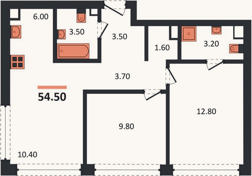 Планировка: 2-к, 54,8 м²