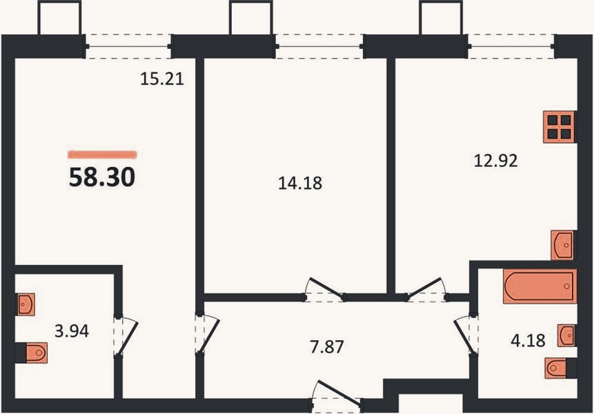 Планировка: 2-к, 58,3 м²