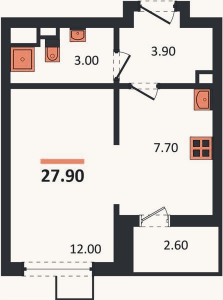 Планировка: 1-к, 27,9 м²