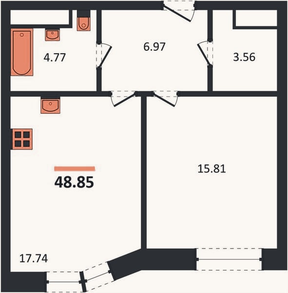 Планировка: 1-к, 48,9 м²