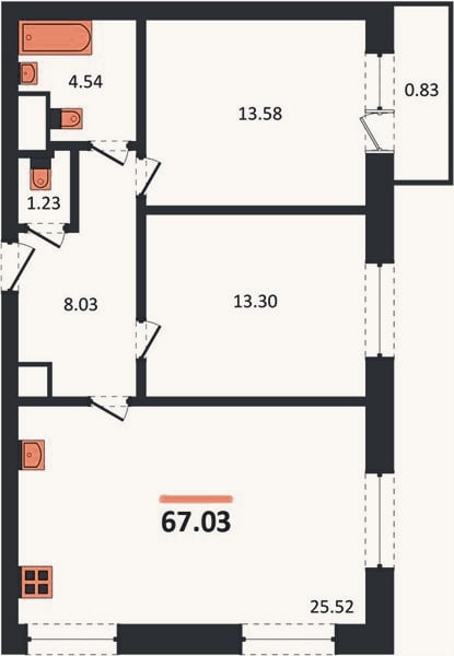 Планировка: 2-к, 67 м²