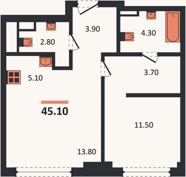 Планировка: 1-к, 45,1 м²