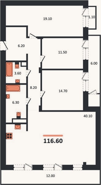 Планировка: 3-к, 109,9 м²