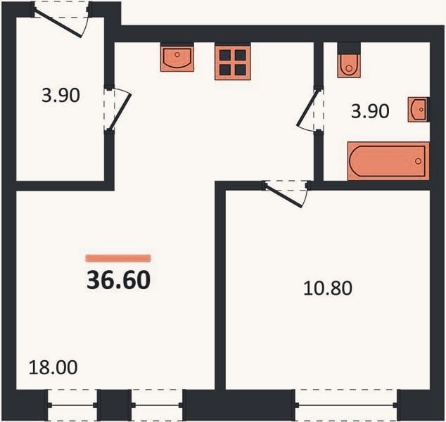 Планировка: 1-к, 36,6 м²