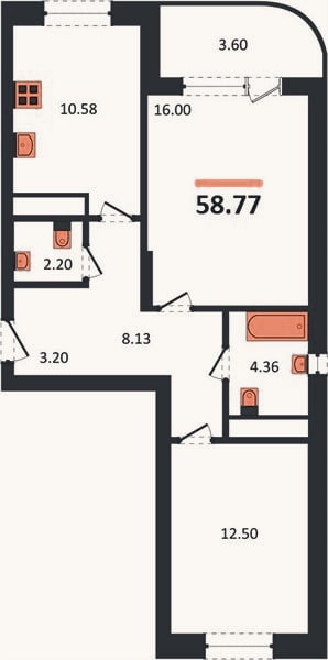 Планировка: 2-к, 58,8 м²