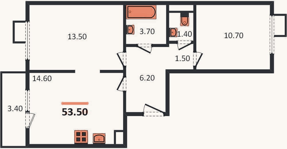Планировка: 2-к, 53,5 м²