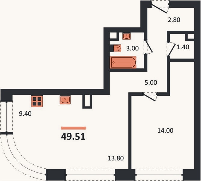 Планировка: 1-к, 49,5 м²