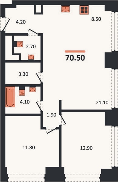 Планировка: 2-к, 70,5 м²